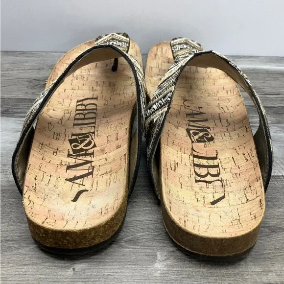 Sam & Libby Womens 9 Gold Black Geometric Embroidered Cork Thong Slide Sandals - Picture 4 of 7